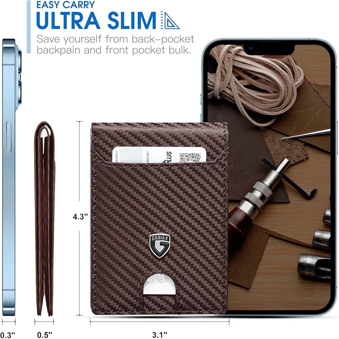 GSOIAX Slim Wallet for Men,RFID Blocking Bifold Wallet Carbon Fiber Front Pocket Wallet with 11 Card Holder Minimalist Mens Wallet with Gift Box (Carbon Fiber Coffee) - Image 2