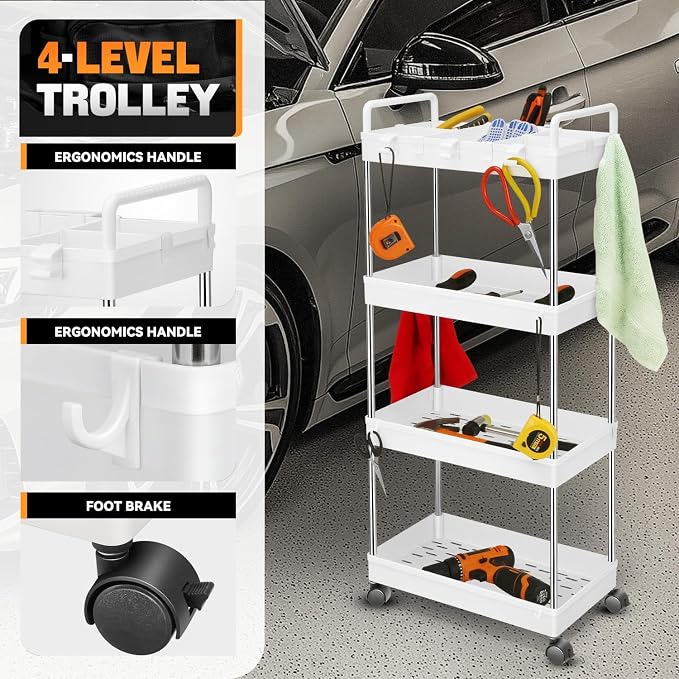 Auto Dynasty 4-Tier Rolling Utility Cart w/Handle, Narrow Storage, Big Size | Sturdy Steel Frame, Smooth-Rolling Casters, Multifunctional Shelves, Space-Saving Slim Design, for Office/Kitchen/Bathroom - Image 2
