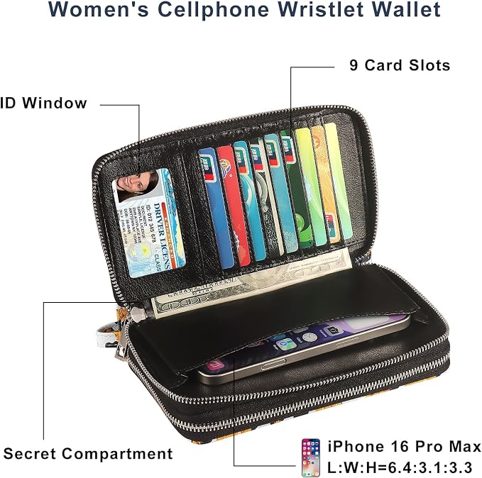 RFID Wallet with Phone Pocket for Women - Double Zipper Wristlet Purse Large Capacity, 17 Card Slots, Coin Pocket, Cow Sunflower - Image 3