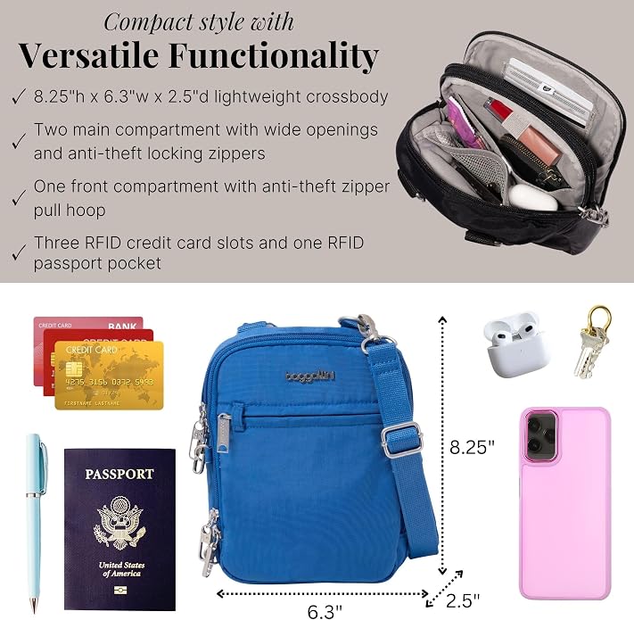 Baggallini Securtex® Anti-theft Mini Everything Crossbody Bag, 6.3"x8.25" Rfid, Locking Zippers & Cut-resistant Strap - Image 4