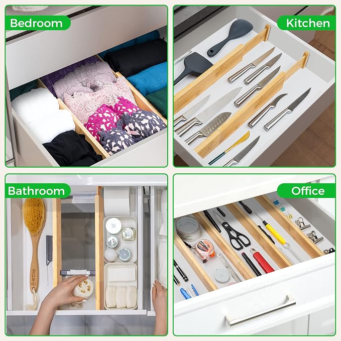 4 Pack Bamboo Drawer Dividers Organizer with Inserts 2.6'' High | Expandable from 12.5-21.7", Adjustable Drawer Organizer Separators for Utensils, Clothing, Office, Dresser, Bedroom, (Beige) - Image 6