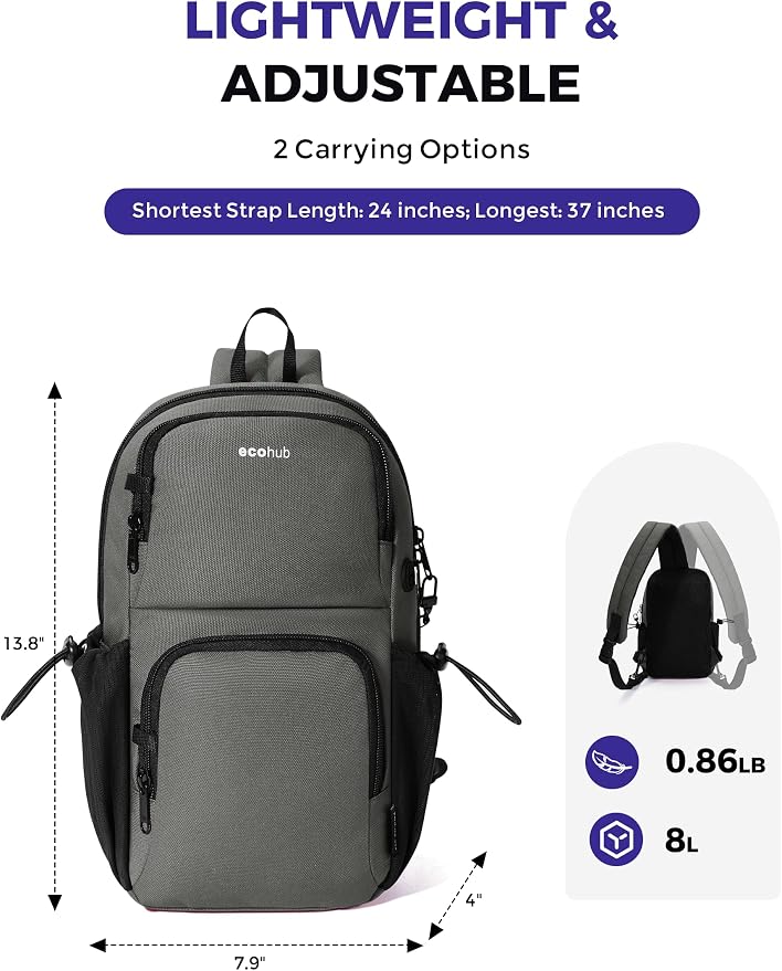 ECOHUB Crossbody Bags for Women Men, Anti-Theft RFID Blocking Sling Backpack Water Resistant Chest Shoulder Daypack, Grey - Image 3