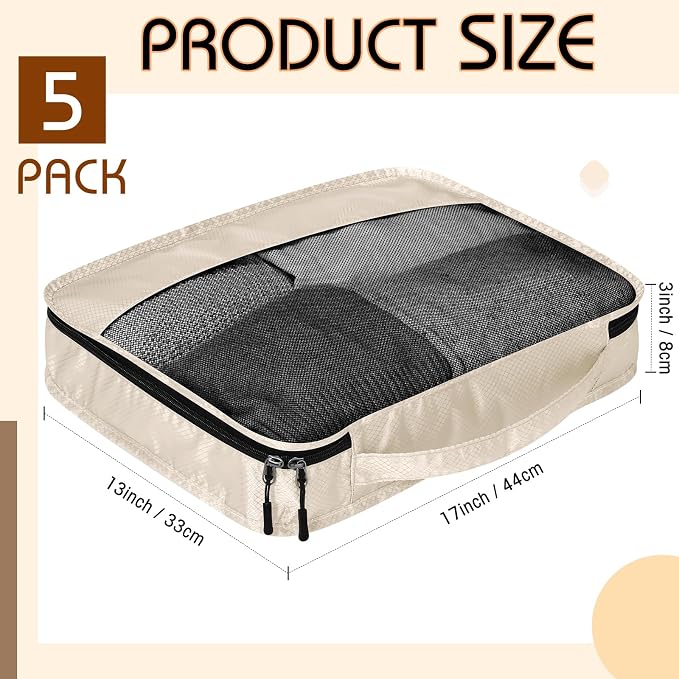 5 Pcs Packing Cubes for Suitcase Large Travel Cubes Carry on Luggage Organizer Bags for Clothes Accessories(L,Khaki) - Image 2