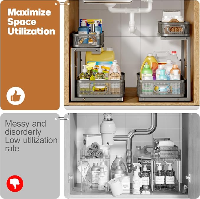 2 Pack 21.3IN-Depth Under Sink Organizer with Smooth Cylindrical Rail,2-Tier Pull Out Multi-Purpose Cabinet Storage for Bathroom&Kitchen,Height Adjustable,Rust-Resistant Coating-Gun Gray - Image 5