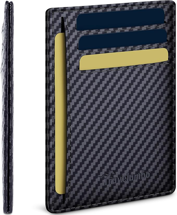 Travelambo 100% Genuine Leather Wallet for Men and Women, Slim Minimalist RFID Blocking Front Pocket Credit Card Holder with Gift Box(Carbon Fiber Black) by Travelambo