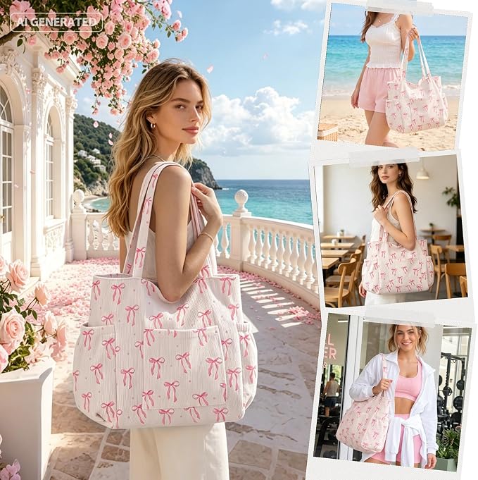Corduroy Tote Bag for Women,Large Capacity Cute Tote Bags With 6 Pockets,Crossbody Shoulder Handbag for Work Travel Gym - Image 2