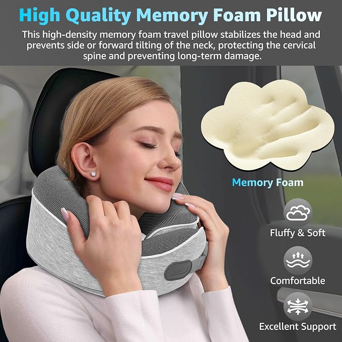 Memory Foam Travel Neck Pillow | Ergonomic 360 Degree Head Support for Airplane, Car and Office Sleeping, with Breathable Cotton Cover and Carry Bag, Gray-1 - Image 6