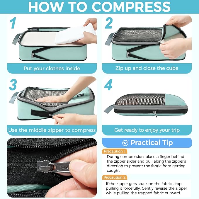 BAGAIL 4 Set/6 Set/8 Set Compression Packing Cubes Travel Accessories Expandable Packing Organizers(HalfMesh,8-DustyBlue) - Image 5