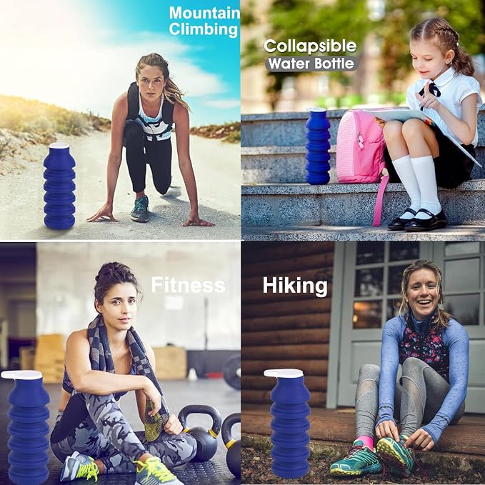 Collapsible Silicone Water Bottle 20oz - Foldable Travel Bottle Leakproof, BPA Free, Space Saving for Gym, Hiking & Travel, Dishwasher Safe(Includes carabiner and cleaning brush),dark blue - Image 5