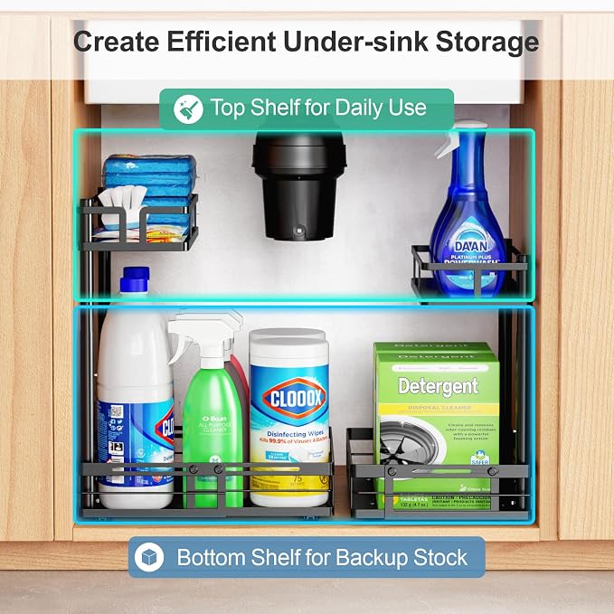 Under Kitchen Sink Organizer - L-Shaped Pull Out Shelf, 2 Pack | L-Shaped Fit Around Garbage Disposal, Adjustable Shelves, Pull Out Access, For 30-36 Inch Sink Cabinet, 2 Pack Black - Image 7