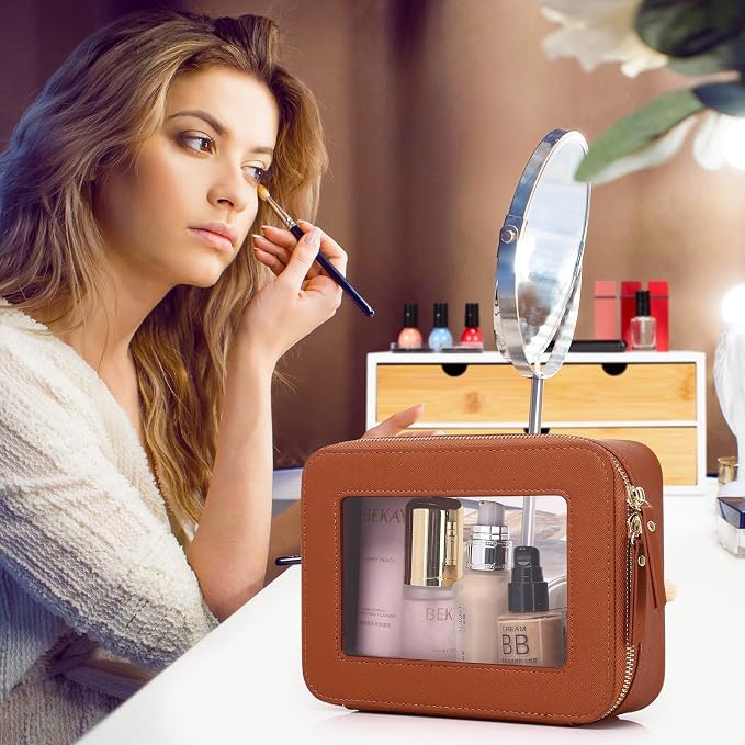Pinkmik Clear Makeup Bag, (Brown, M+L) | 2PC,Waterproof, Travel Cosmetics and Toiletries Case, Portable Makeup Organizer, Clear Car Bag with Zipper - Image 3
