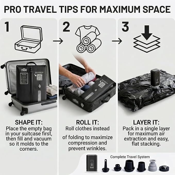 Travel Vacuum Bags with Pump, 2 Pack Carry-On Vacuum Compression Bags | Travel vacuum bags with pump, 2 reusable 18L compression bags for carry-on luggage, suitcases & backpacks. - Image 5