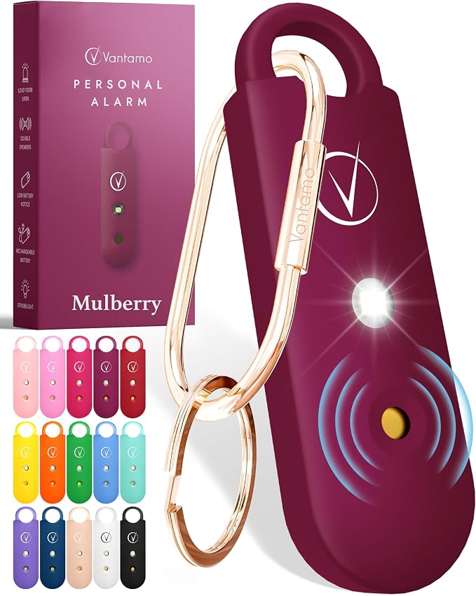 Vantamo Personal Alarm for Self Defense with Low Battery Notice, Strobe Light & Extra Loud 130 dB Double Speakers Safety Keychain Set for Women, Rechargeable Panic Button for Womens Self Defense by Vantamo