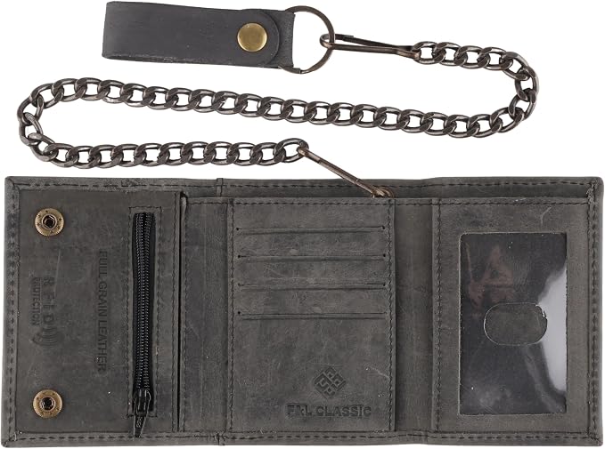 F&L CLASSIC RFID Blocking Men's Tri-fold Vintage Biker Cowhide Leather Steel Chain Wallet,Snap closure,black charcoal, 315-900 - Image 2
