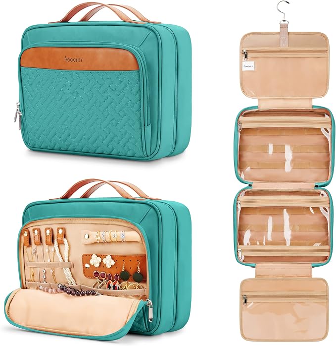Travel Hanging Toiletry Bag for Women, Cruise Ship Essentials, with Jewelry Organizer, Extra Large Makeup Dopp Kit, Waterproof Cosmetic Bags, Toiletries Kit Set with Trolley Belt, Blue by COOSKY