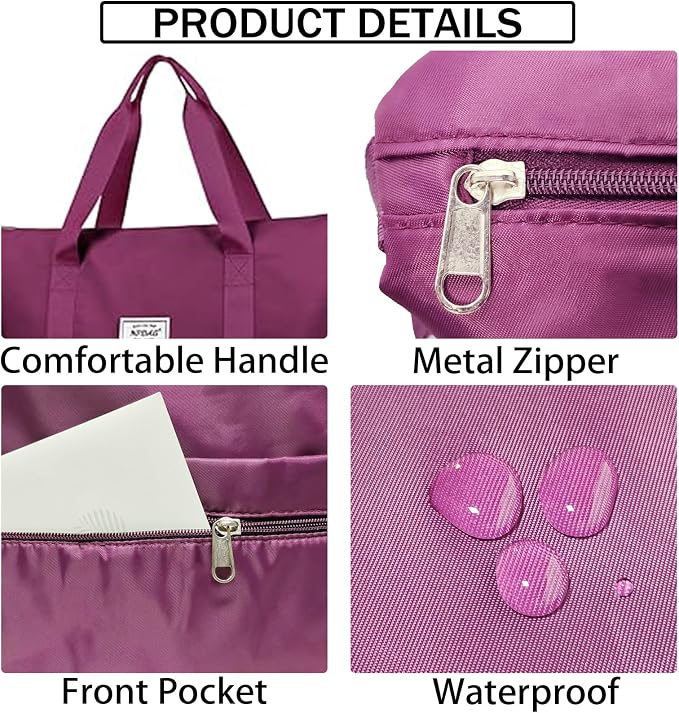 INVODA Travel Bag for Women Expandable Weekender Overnight Bag Carry on Sports Tote Gym Bag Waterproof Foldable Duffel Bag (Fuchsia) - Image 5