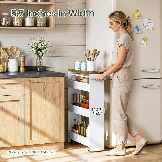 Slim Storage Cart, Slim Storage Rack on Wheels, Rolling Trolley with Handle, Storage Organizer, for Kitchen, Dining Room, Living Room, Laundry Room, White and Walnut MTC01WL - Image 3