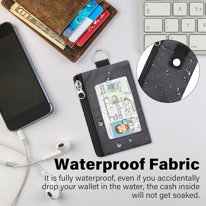 Minimalist RFID Blocking Wallet with 2 Zip Pockets and Lanyard, Water Resistant ID Case with Key Ring and Cards Badge Holder, Coin Purse Pouch for Men and Women Travel Sports -GRAY - Image 4