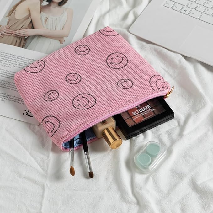 Cosmetic Bags for Women - Corduroy Cosmetic Bag Aesthetic Women Handbags Purses Smile Dots Makeup Organizer Storage Makeup Bag Girls Case Bags (Double Pink Blue) - Image 6
