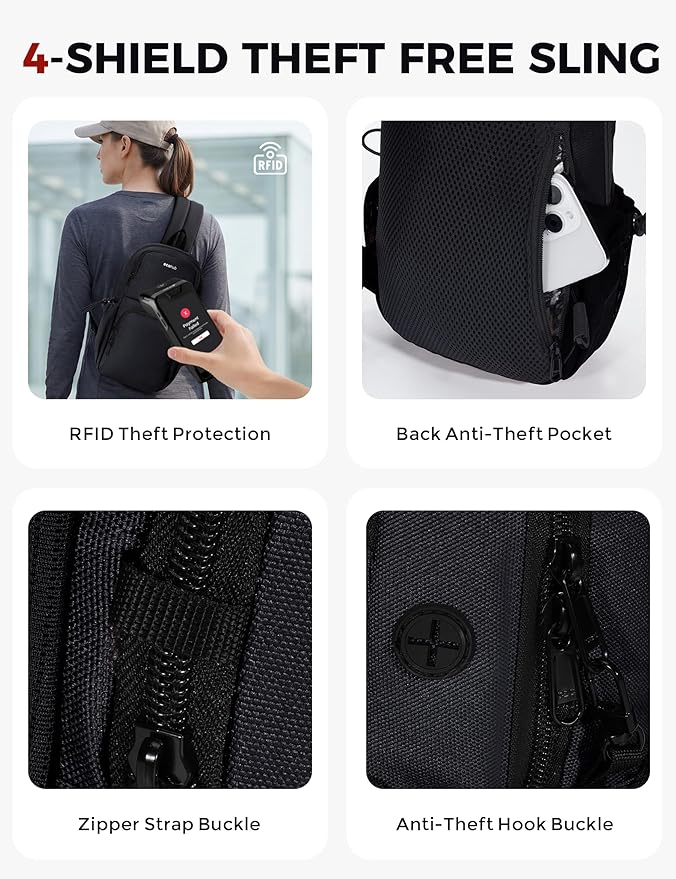 ECOHUB Crossbody Bags for Women Men, Anti-Theft RFID Blocking Sling Backpack Water Resistant Chest Shoulder Daypack, Black - Image 4