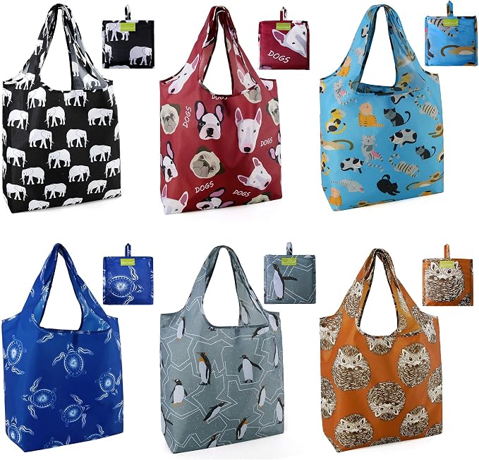 BeeGreen Heavy Duty Bulk Large Reusable Grocery Bags 6 Pack - Foldable Sturdy Recycled Cloth Animal Print Shopping Totes with Handles -Reusable Gifts Bags for Groceries, Travel, Storage & Women by BeeGreen