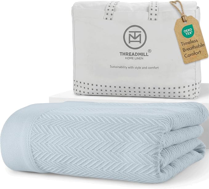 Threadmill Luxury Cotton Blankets for Queen Size Bed | All-Season 100% Cotton Queen Size Blanket | Herringbone Cozy, Soft Breathable Fall Thermal Blanket fits Full Size Bed | Light Blue | 100% Cotton, Herringbone Pattern, 90x92 in, Breathable, Moisture... by ThreadmillHomeLinen