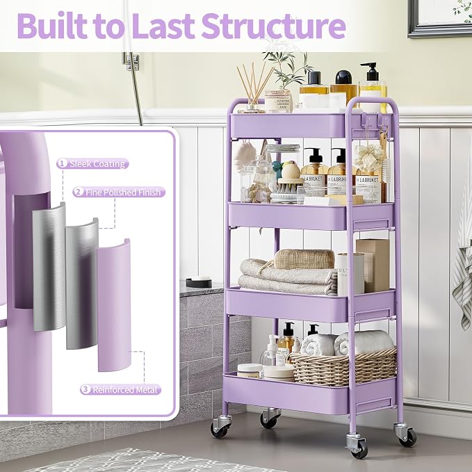 TOOLF 4 Tier Metal Rolling Cart, Utility Storage Cart with Wheels, Purple | Screwless Assembly, Lockable Metal Wheels, Trolley Organizer for Bathroom, Kitchen, Office, Dorm, Laundry, Craft Room - Image 6