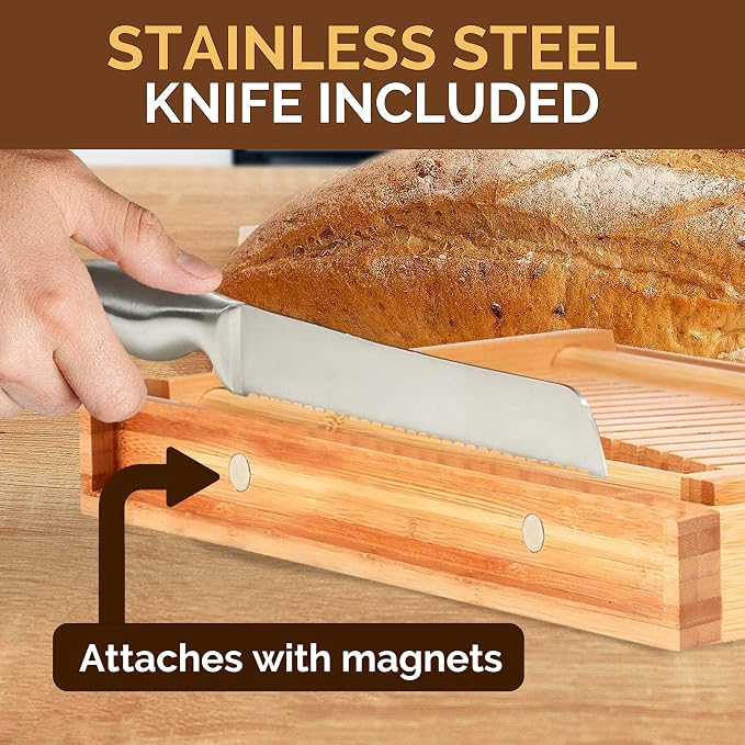 Bambüsi Bread Slicer for Homemade Bread with Knife Sourdough Cutter, Bamboo | Folds Flat for Compact Storage, 3-Thickness Slice Options, Serrated Steel Knife, Manual, Fits Loaves, Bagels, Sourdough, Cake - Image 4