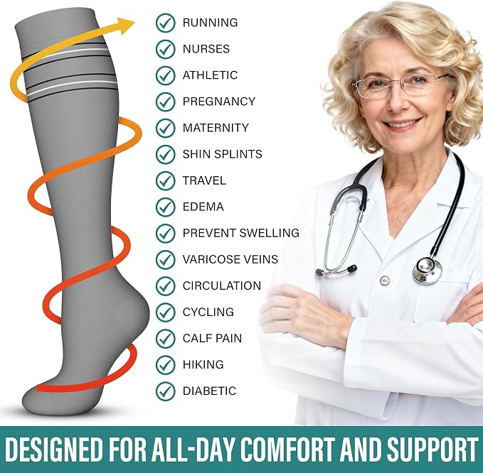 Acture 6 Pack Compression Socks for Women and Men - Knee High for Medical, Running, Nurses, Travel - Image 7
