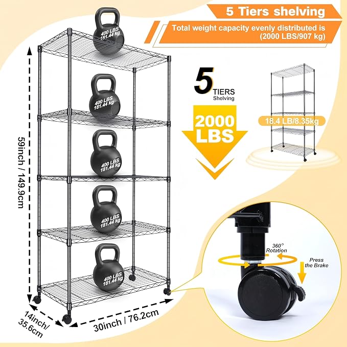 Whitmor 5-Tier Heavy Duty Shelving Unit, Metal Adjustable Storage Shelves, 2000 lbs Capacity for Pantry, Kitchen, Closet, Laundry, 29.6" L x 13.7" W x 59.4" H, Black - Image 3