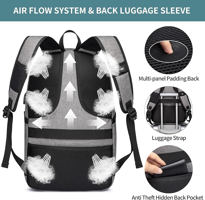 Large Travel Laptop Backpack Water Resistant Anti-Theft 17inch Laptop Bag with USB Charging Port and Lock,Big Business Backpack for Men and Women, Durable Big Capacity Heavy Duty Computer Bag,Grey - Image 5