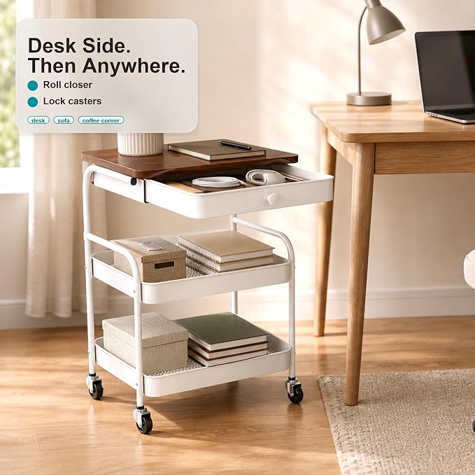 3 Tier Rolling Cart with Hidden Drawer and Wood Top, Small Space Storage Cart with Wheels, Coffee Station Organizer and Side Table Cart for Living Room, Bedroom, Kitchen, White - Image 6