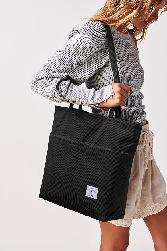 KALIDI Women Corduroy Tote Bag Zipper Casual Tote's Handbag Big Capacity Shoulder Bag with Pockets - Image 4