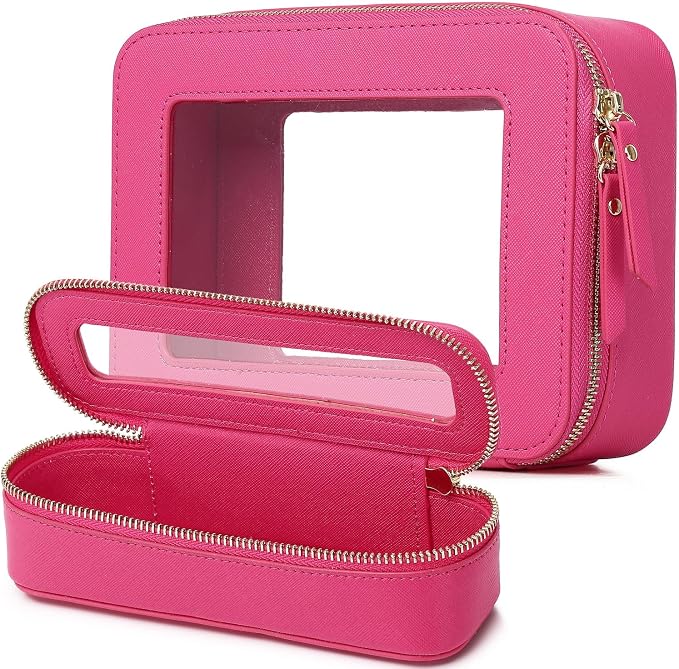 Pinkmik Travel Clear Makeup Bag, (Fuxia, M+SLIM) | Brush Case, TSA Approved Toiletry Bag, Waterproof Cosmetic Organizer with Zipper, Car Essential for Women by Pinkmik