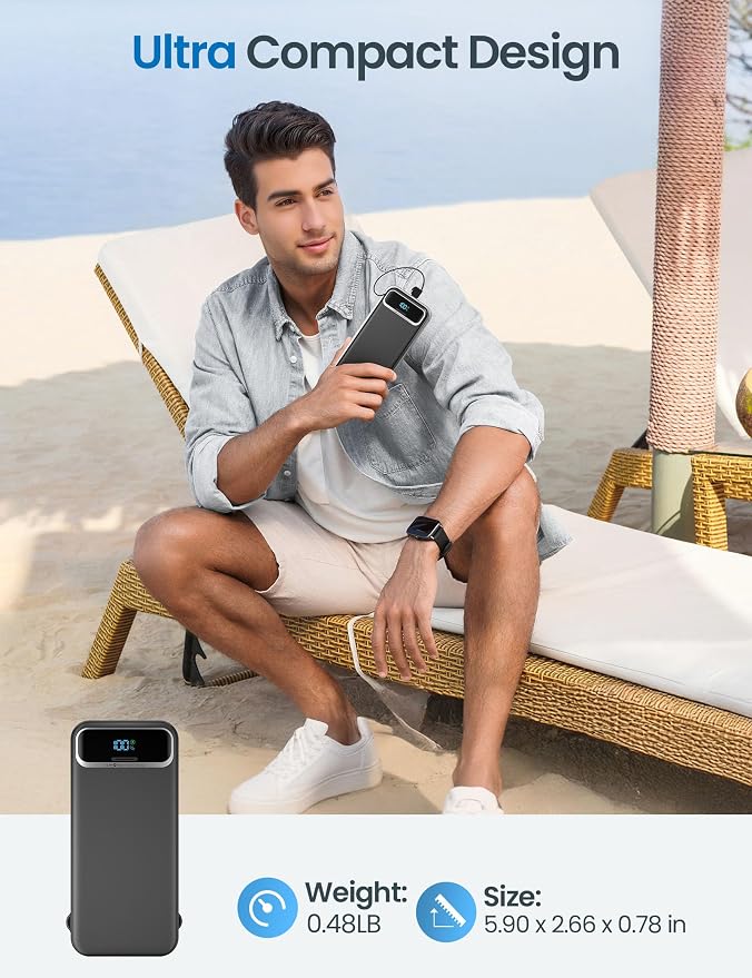 aonidi Portable Charger 12000mAh with Built-in Cables&AC Wall Plug, Black | PD20W USB C Fast Charging,LED Display External Travel Power Bank,TSA approved Battery Pack for All iPhone,Samsung,Android - Image 8