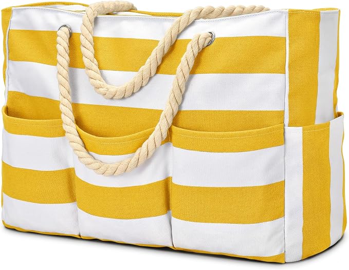 Becokan Beach Bags for Women Canvas Large Beach Tote Bag Zipper Waterproof Sandproof Foldable Swim Pool Bag with 7 Pockets - Image 8