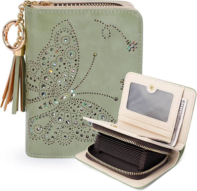 KITEVIUN Women RFID Blocking Small Bifold Wallet, Compact Cash Clutch with Zipper Coin Pocket, Glittery Butterfly Design, Credit Card Holder, Travel Purse with Tassel GREEN by KITEVIUN