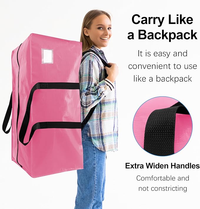 6 Pack Heavy Duty Extra Large Moving Bags W/Backpack Straps - Strong Handles & Zippers, Storage Totes For Space Saving, Fold Flat, Alternative to Box and Bin (40 gal, Pink) - Image 4