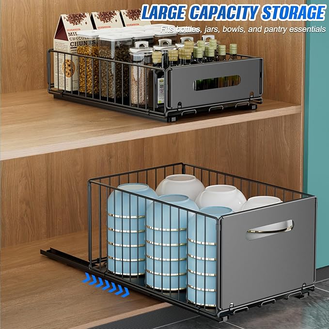 Pull Out Cabinet Organizer, No Drill Slide Out Pantry Drawer 2 Pack | Heavy Duty Carbon Steel Wire Basket, Adhesive Install, Low Profile Foldable, 9.44 x 3.54 in, Kitchen Pantry Bathroom - Image 2