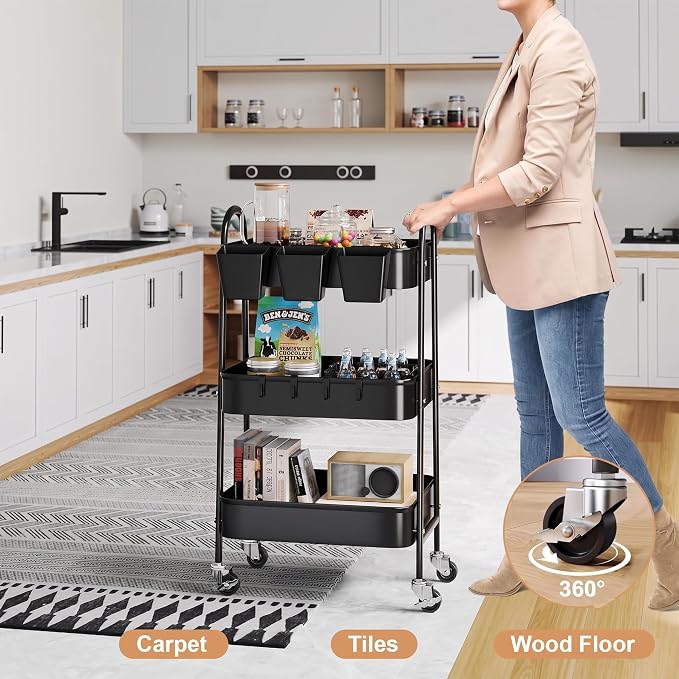 3 Tier Metal Rolling Cart with Lockable Wheels,Black Three Tiered Art Carts | Utility Storage Organizer Caddy on Wheels for Bathroom, Kitchen, Laundry, Garage, Office, Paint,Craft, Baby,Diaper,Snack,Book - Image 2