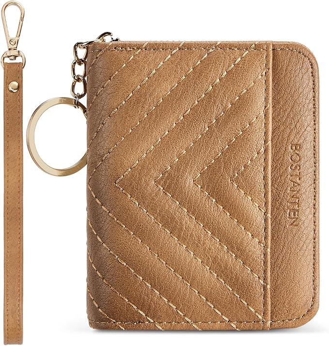 BOSTANTEN Credit Card Holder Small RFID Wallet Women with Keychain Wristlet | Compact, Accordion Design, Easy Organization, Fits Small Purses, Quilted Vegan Leather, Perfect Gifts, Camel by BOSTANTEN