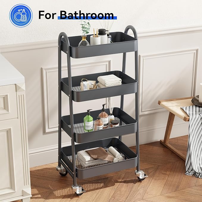 OLIXIS Metal 4 Tiers Rolling Storage Utility Cart with Lockable Wheels | Mobile Organizer Shelf, Space-Saving, Freestanding, Bathroom, Living Room, Slim, Narrow Corner Spaces, Gray - Image 5