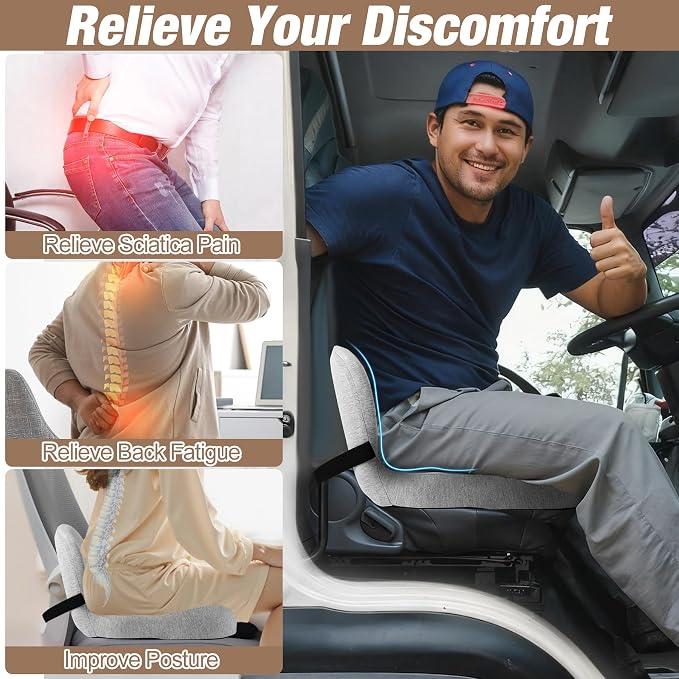 Truck Seat Cushion, Memory Foam Trucker Seat Cushion for Truck Driver Long Sitting with Adjustable Strap, Back Support and Pain Relief for Trucker Driving Office Chair and Pain, Light Gray - Image 4