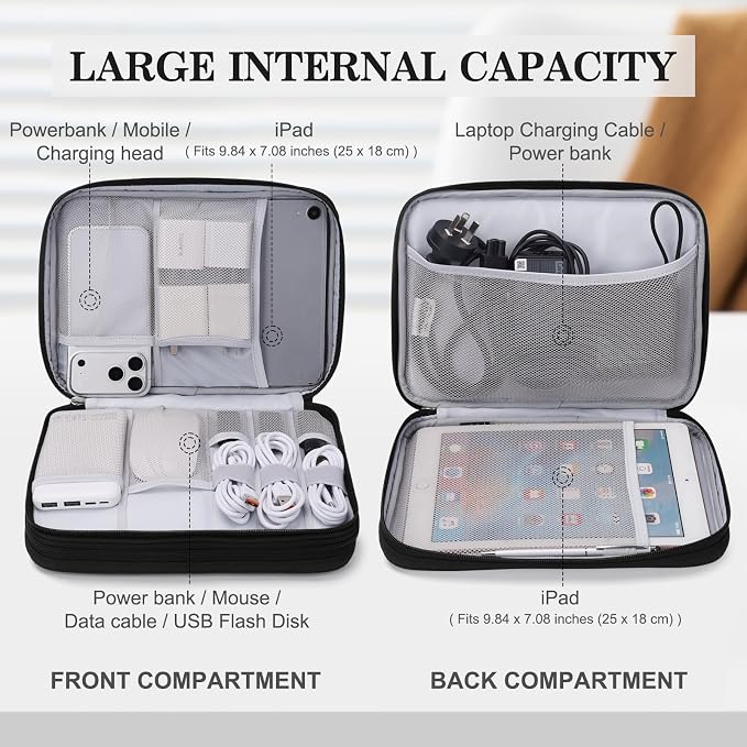 FYY Electronic Organizer, Travel Tech Pouch Bag, Extra Large, Black Quilted | Wrist Strap, Waterproof, Double Layers Electronics Travel Case for iPad, Cord, Laptop Charger, Daily and Business Trips Use - Image 3