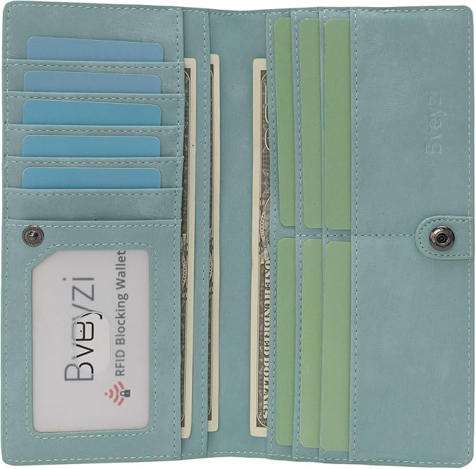Bveyzi Ultra Slim Thin Leather RFID Blocking Credit Card Holder Bifold Clutch Wallets for Women - Image 2