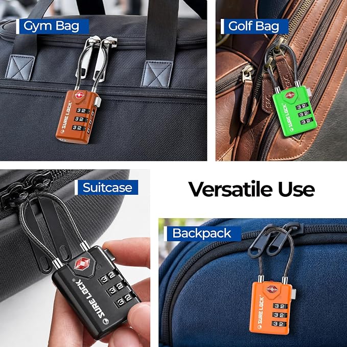 SURE LOCK TSA Approved Combination Luggage Locks with Open Alert Indicator – Durable Zinc Alloy Cable Travel Locks with Large Easy-Read Dials for Suitcases, Backpacks & Gym Bags Orange 4 Pack - Image 6