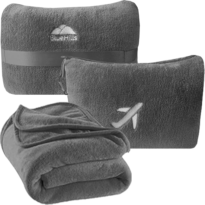 BlueHills Premium Soft Plush Mini Travel Blanket Pillow Plane 2 in 1 Gray | Luggage Belt & Backpack Clip, Compact Lightweight, Airplane Essentials, Zipper Case, Long Flight Traveling Throw, Small Bag by BlueHills