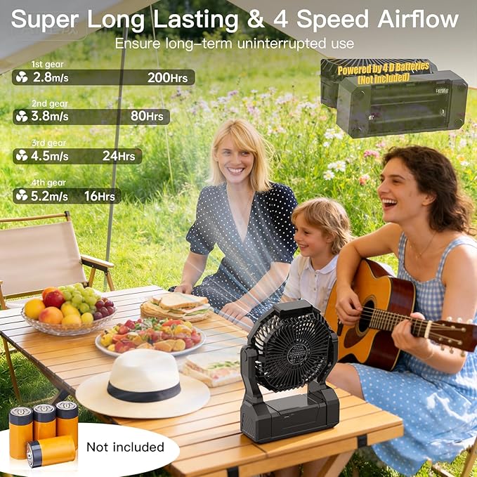 Battery Operated Fan, 2-in-1 D-Cell Battery & USB Powered Portable Fan with 4 Speeds, 3 Timers & 2 Light Modes, Super Long Lasting Camping Fan for Outdoor Tent Travel Picnic Office Bedroom - Black - Image 3