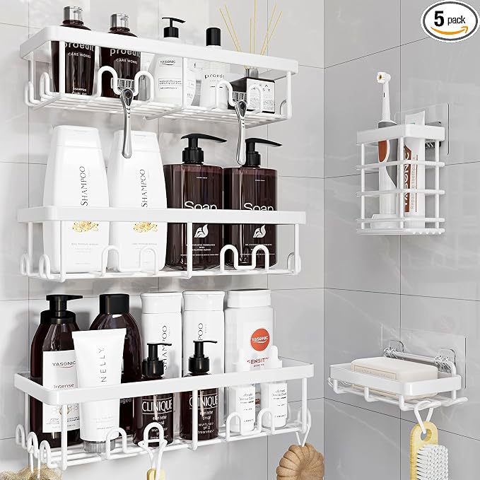 Shower Caddy Adhesive, Rustproof Shower Organizer, Wall Shower Rack | Large Capacity Shower Shelves for Inside Shower, Shampoo Shower Holder, White, 3 Caddies, 1 Soap Dish, 1 Toothbrush Holder by YASONIC