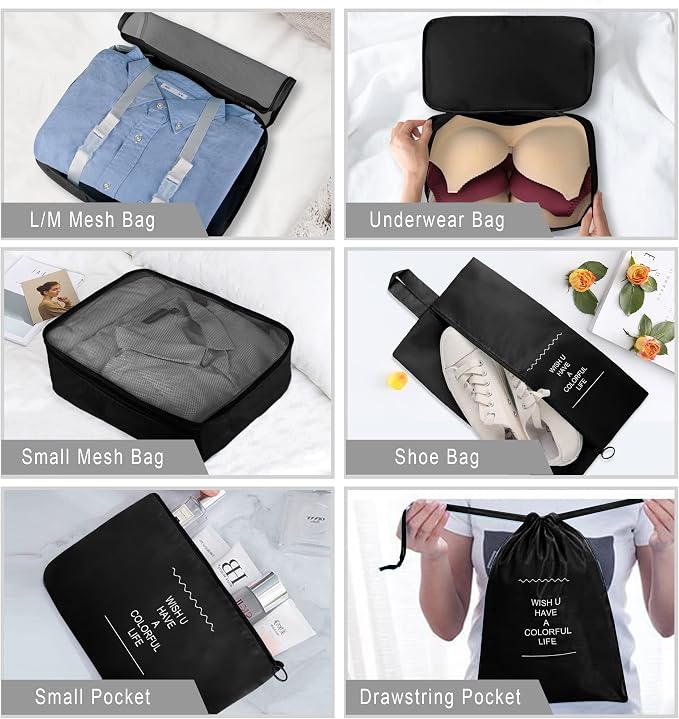 Packing Cubes, 8 Pcs Travel Packing Organizers for Suitcases, Large Capacity Travel Luggage Organizers Set includes 8 Storage Bags, Travel Essentials for Women or Men (Black) - Image 4